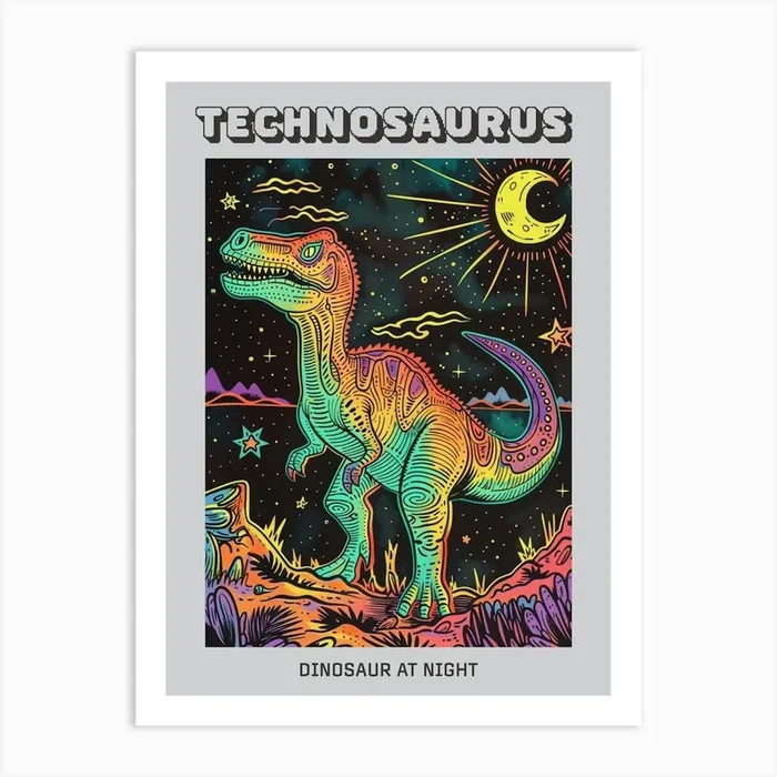 Neon Dinosaur At Night Linework Poster Art Print by Dino Delights