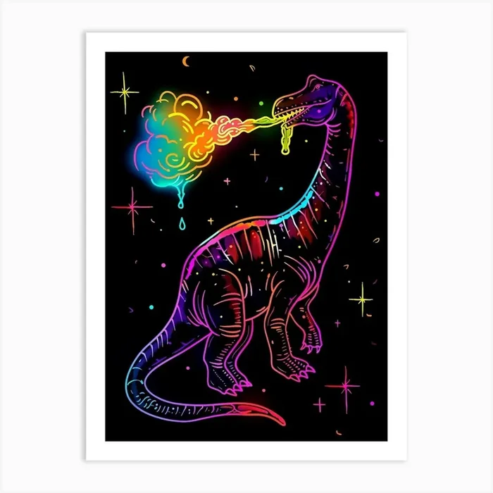 Neon Dinosaur Breathing Rainbow Fire Art Print by Dino Delights