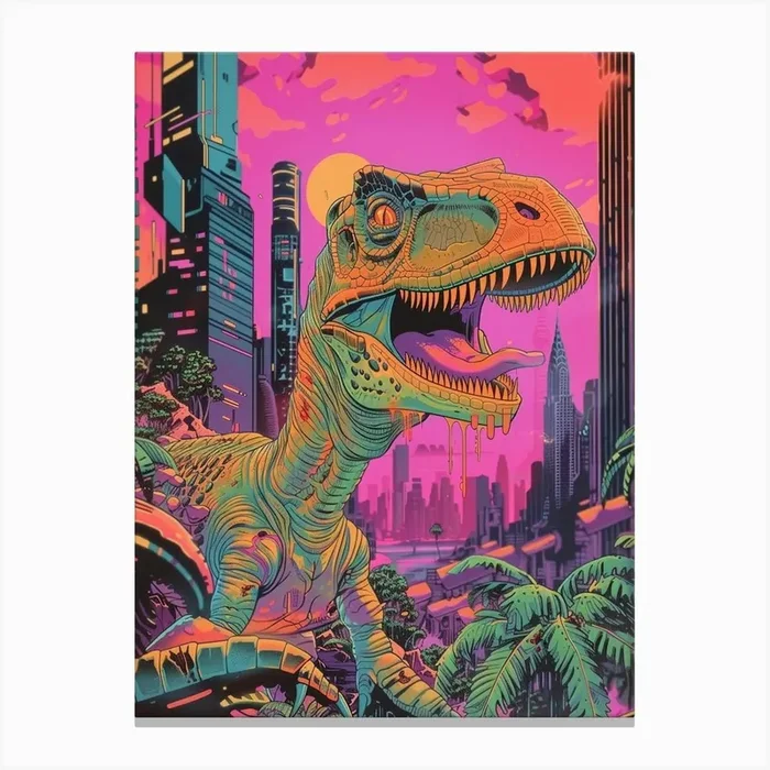 Neon Dinosaur Cityscape Portrait Canvas Print by Dino Delights