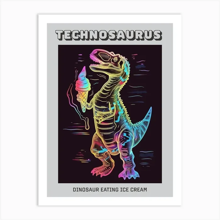 Neon Dinosaur Line Illustration Eating Ice Cream Poster Art Print by Dino Delights