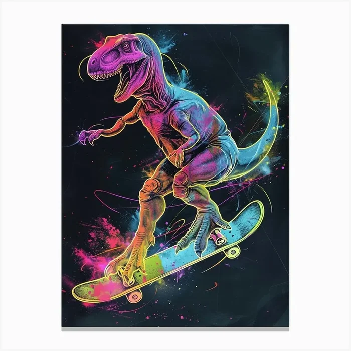 Neon Dinosaur Line Illustration On A Skateboard 2 Canvas Print by Dino Delights
