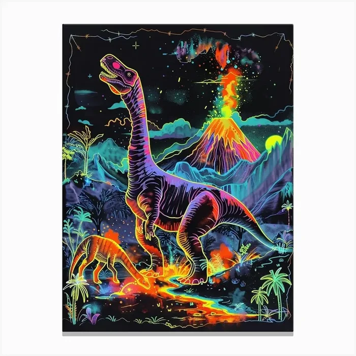 Neon Dinosaur With Volcano 4 Canvas Print by Dino Delights