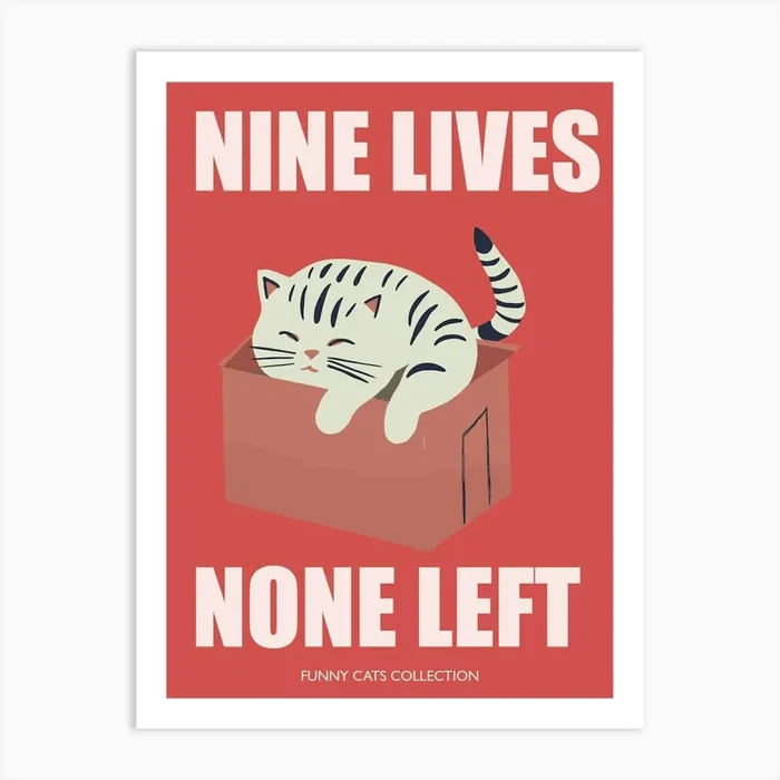 Nine Lives None Left Funny Cat In A Box Art Print by Mambo