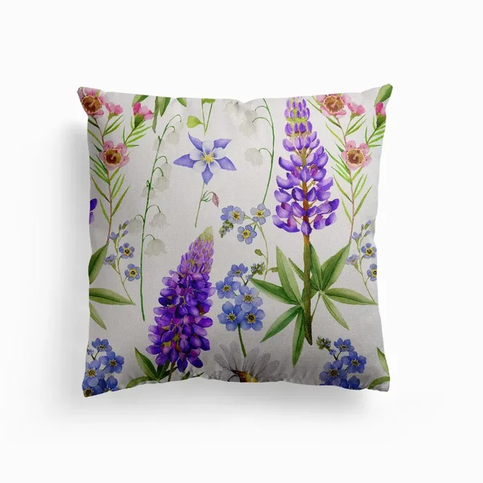 Nordic Watercolor Wildflowers Meadow Canvas Cushion by UtART