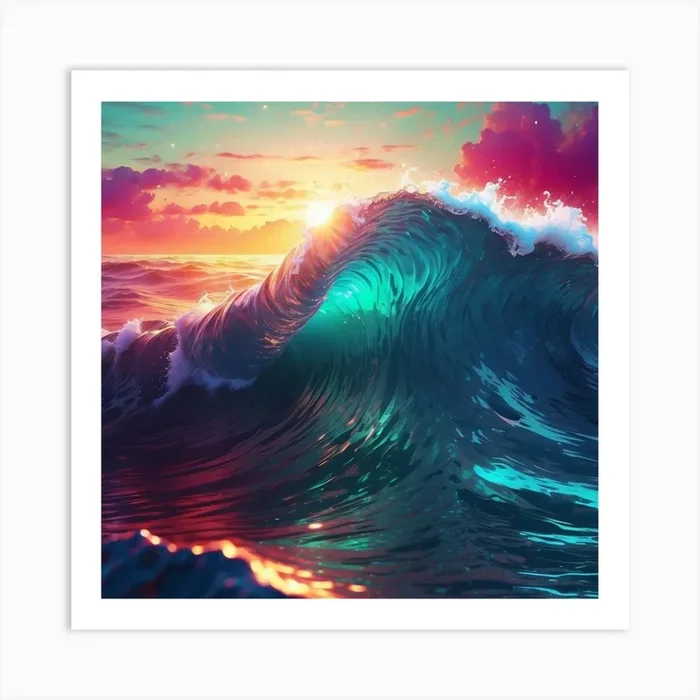 Ocean Wave At Sunset Art PrintH by hesasna