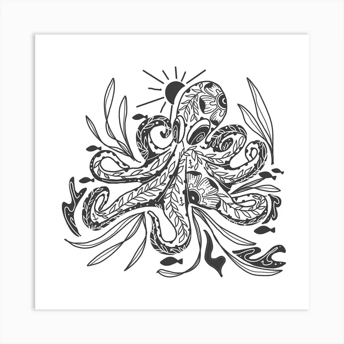 Octopus Folk Art Print by Mitalim Designs
