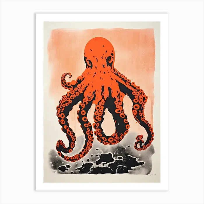 Octopus, Woodblock Animal Drawing 2 Art Print by Sakura Animal Creations