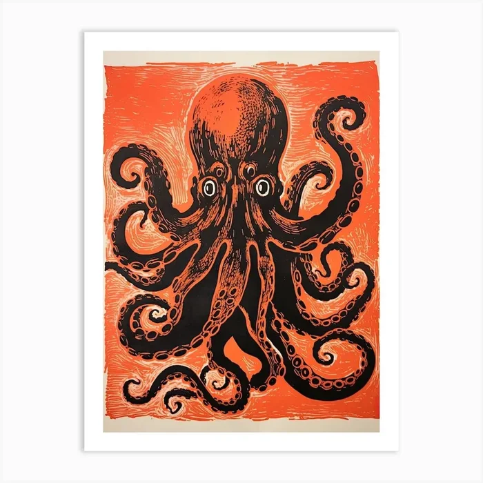 Octopus, Woodblock Animal Drawing 4 Art Print by Sakura Animal Creations