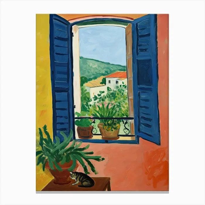 Open Window With Cat Matisse Style Tuscany Italy 2 Canvas Print by Mambo