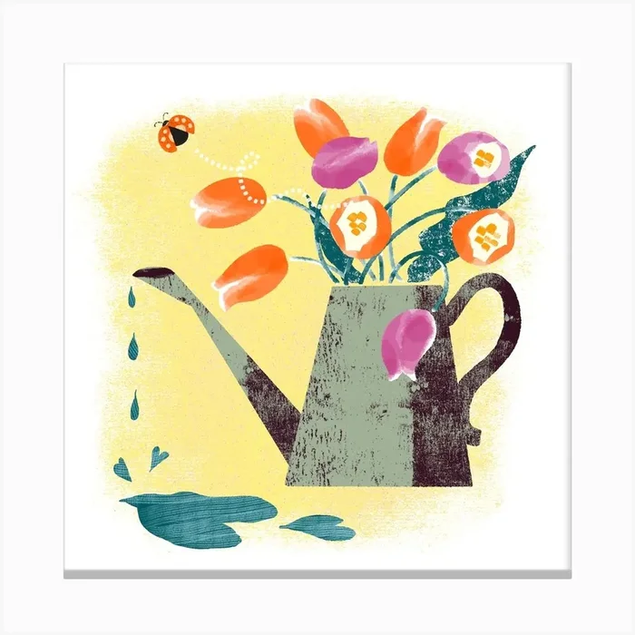 Orange And Purple Tulip Flowers In A Watering Can Square Canvas Print by Yoko Baumberger