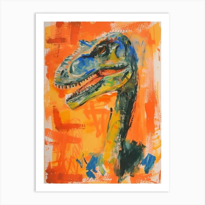 Orange Blue Abstract Dinosaur Portrait 2 Art Print by Dino Delights
