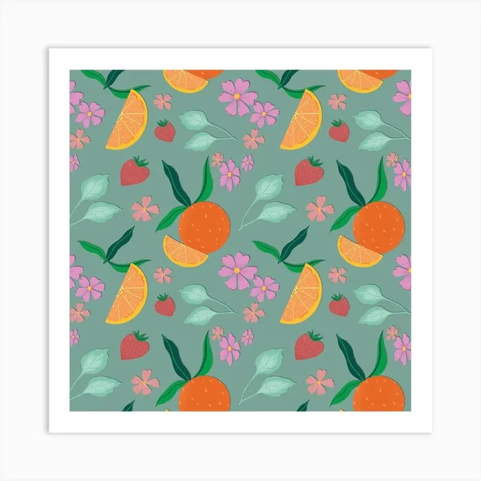 Oranges And Strawberries Seamless Pattern Green Art Print by MiniPopTart