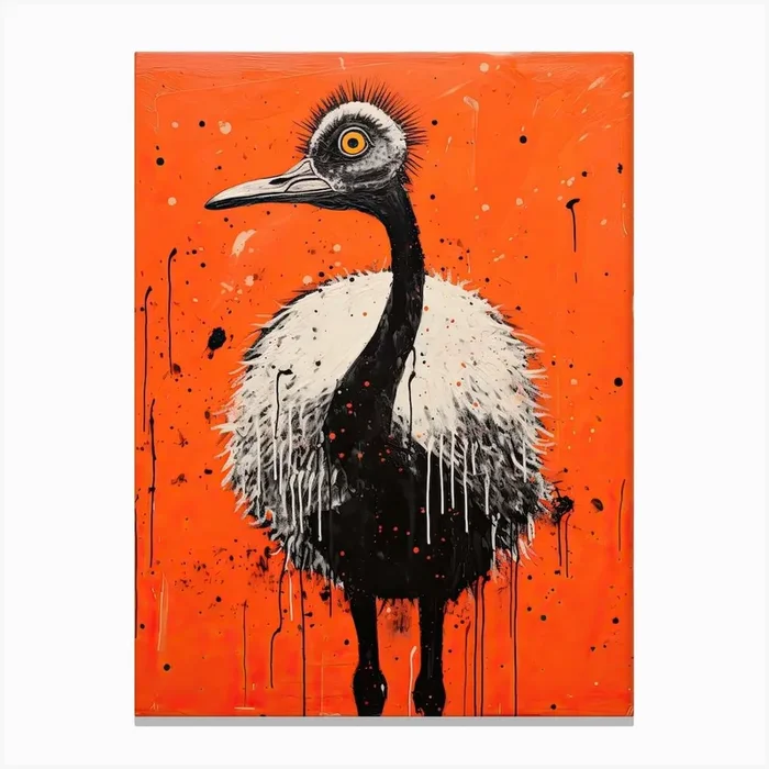 Ostrich, Woodblock Animal Drawing 2 Canvas Print by Sakura Animal Creations