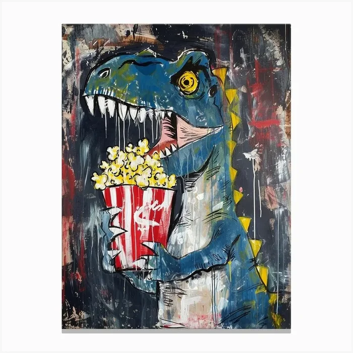 Paint Splash Dinosaur Eating Popcorn 3 Canvas Print by Dino Delights