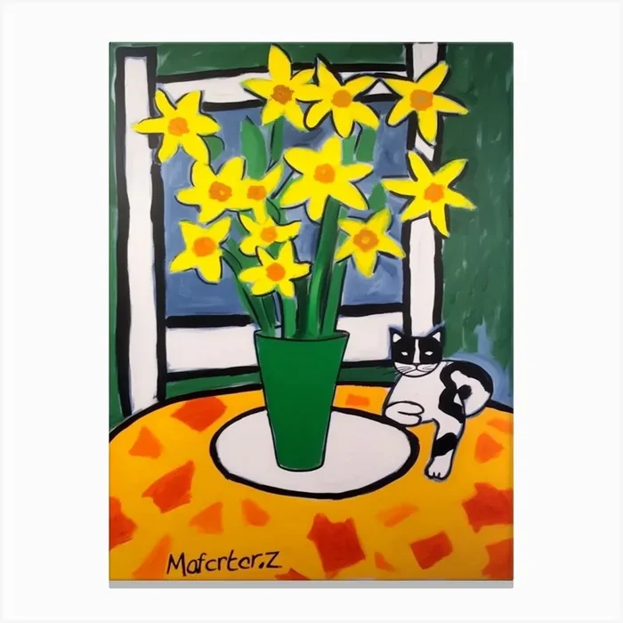 Painting Of A Still Life Of A Daffodils With A Cat In The Style Of Matisse 4 Canvas Print by Mambo