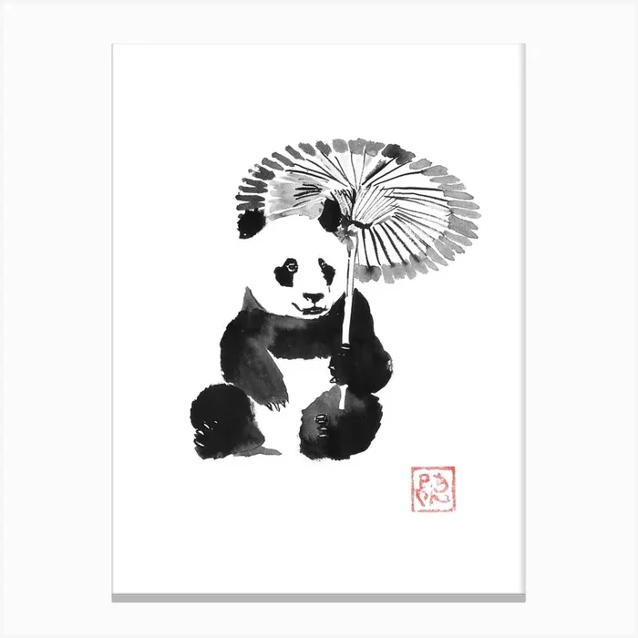 Panda In The Rain Canvas Print by Pechane Sumie