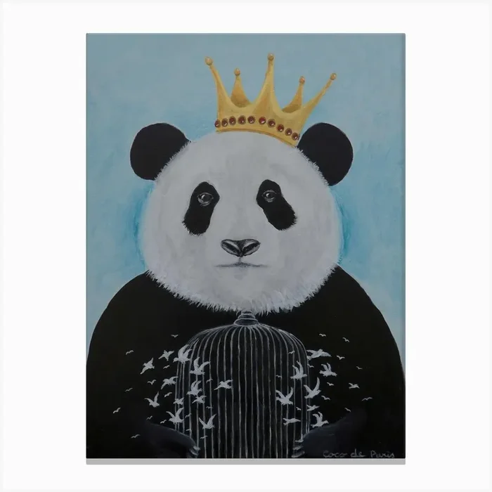 Panda With Birdcage Blue & Black Canvas Print by Coco Deparis