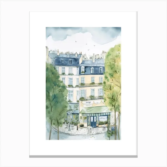 Paris France Cafe Scene Illustration Watercolour Canvas Print by Mambo