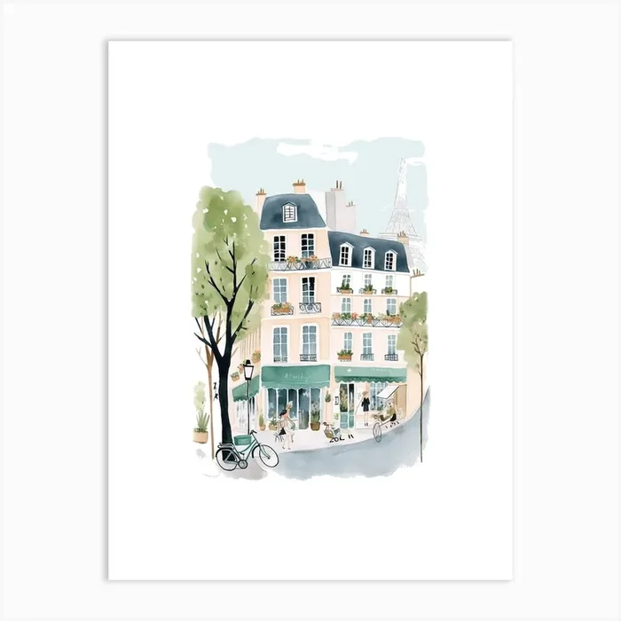 Paris France Street Scene Illustration Watercolour Art Print by Mambo