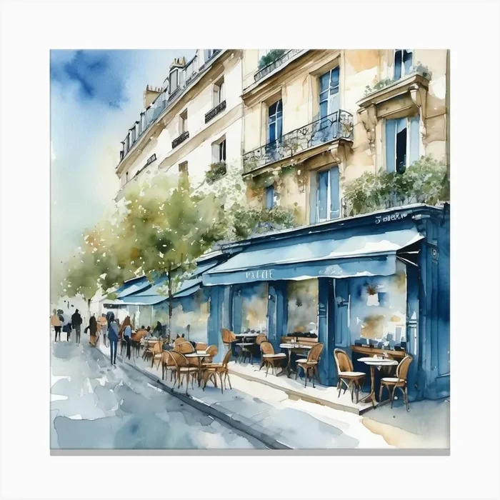 Paris Street Cafe Scene Illustration Sage Blue Watercolour Canvas Print by Buggy