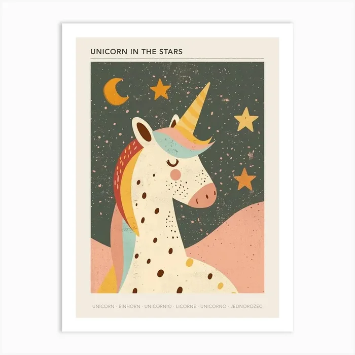 Pastel Peach Mustard Unicorn With The Stars Poster Art Print by Mystical Magic