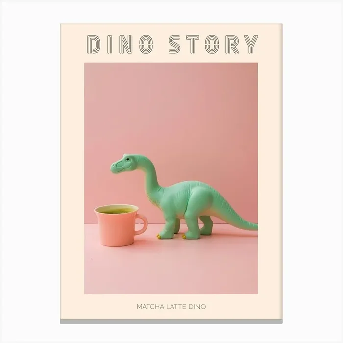 Pastel Toy Dinosaur With A Matcha Latte 2 Poster Canvas Print by Dino Delights