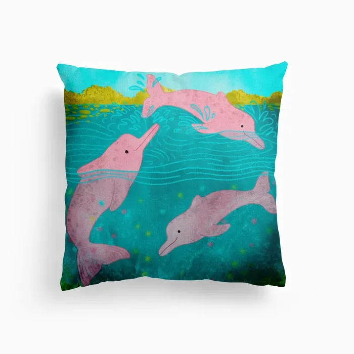 Pink Amazon River Dolphins Canvas Cushion by Juliana Motzko