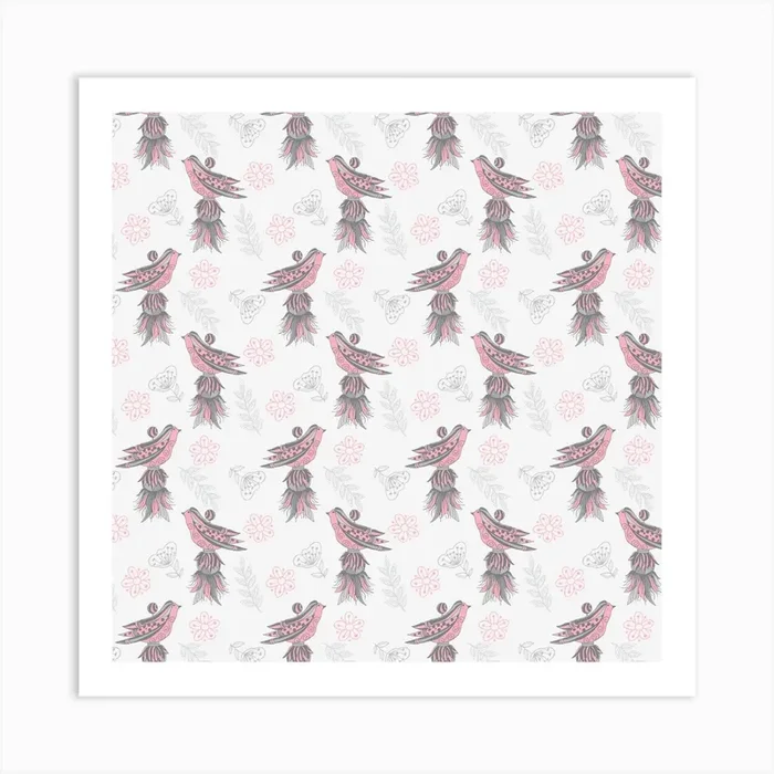 Pink and Grey Tassel Bird Art Print by Love, Ally