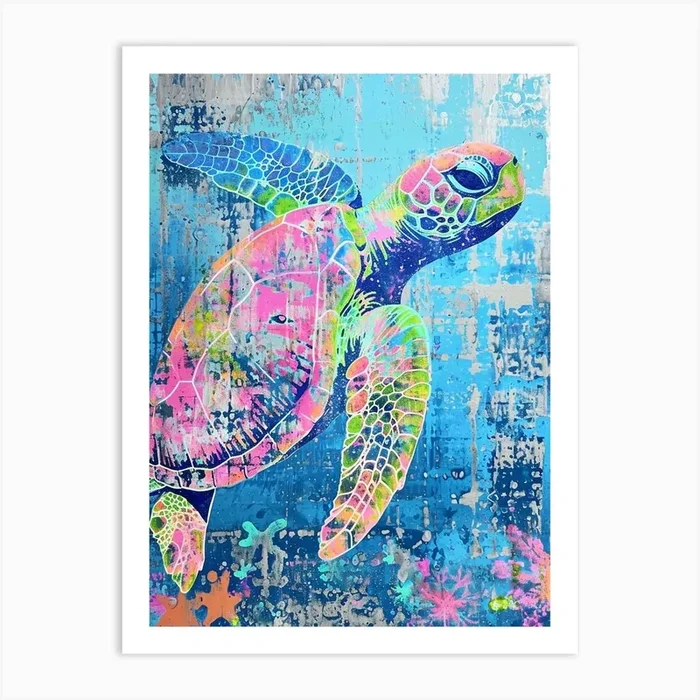 Pink Green Blue Sea Turtle Textured Painting Art Print by Energy of the Sea