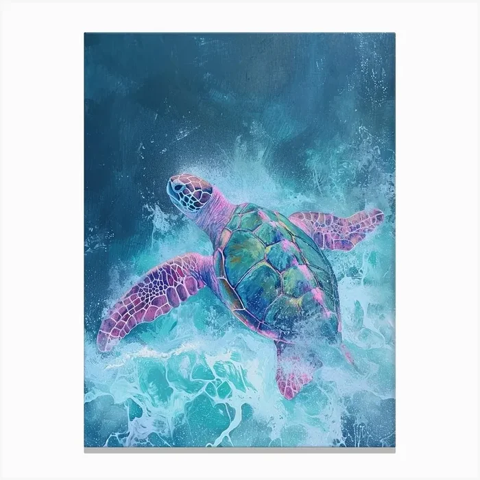 Pink Sea Turtle Splashing In The Waves Canvas Print by Energy of the Sea