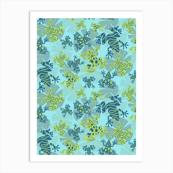 Playful Green And Blue Frogs Frolicking Across A Canvas Of Overlapping Gray Lily Pads On A Light Blue Background Art Print by Creaty Designs