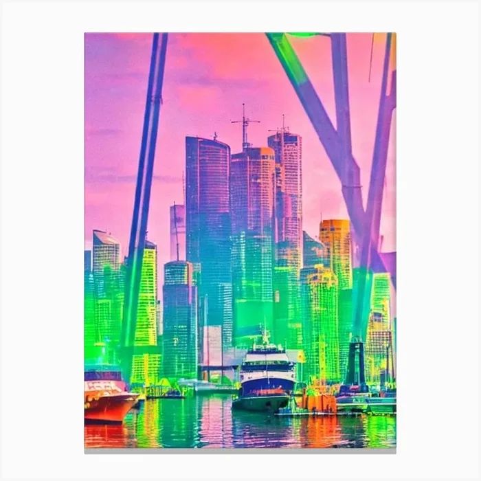 Port Of Brisbane Australia Retro Risograph Print harbour Canvas PrintAA by Anchored Art Co.