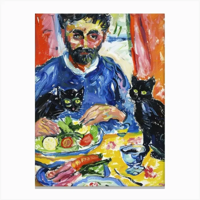 Portrait Of A Man With Cats Eating A Salad 3 Canvas Print by Purrfect Plates