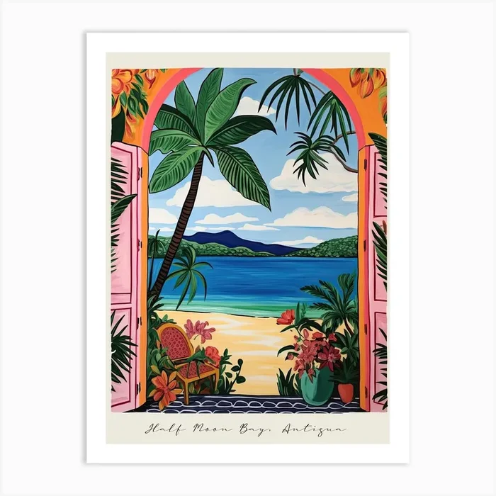Poster Of Half Moon Bay, Antigua, Matisse And Rousseau Style 2 Art Print by Travel Poster Collection