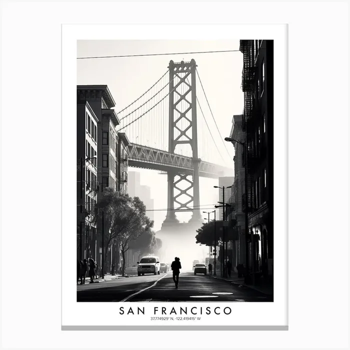 Poster Of San Francisco, Black And White Analogue Photograph 4 Canvas Print by Monochrome Vistas