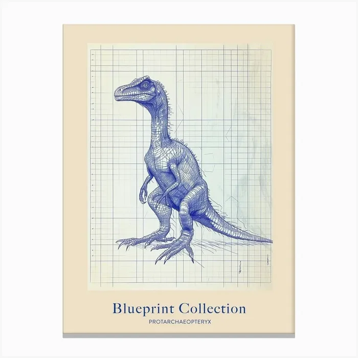 Protarchaeopteryx Dinosaur Blue Print Sketch 1 Poster Canvas Print by Dino Delights