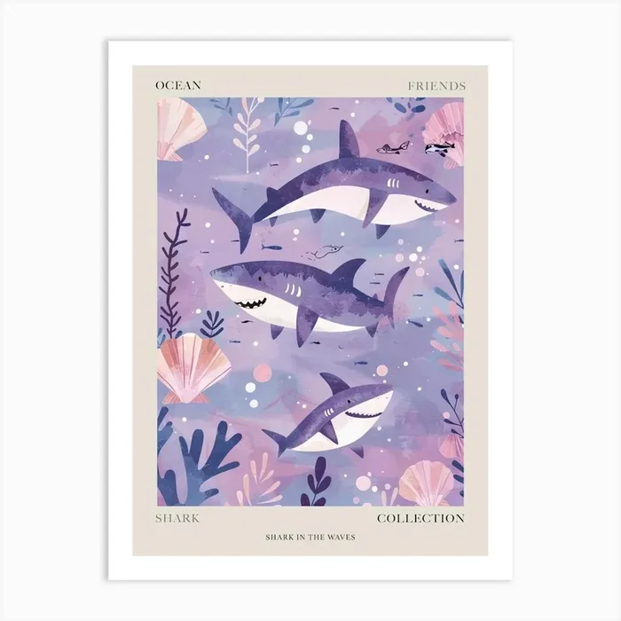 Purple Shark In The Waves Illustration 3 Poster Art Print by Energy of the Sea