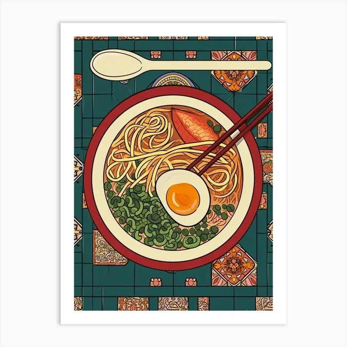 Ramen With Boiled Eggs On A Tiled Background 1 Art Print by Artful Appetite