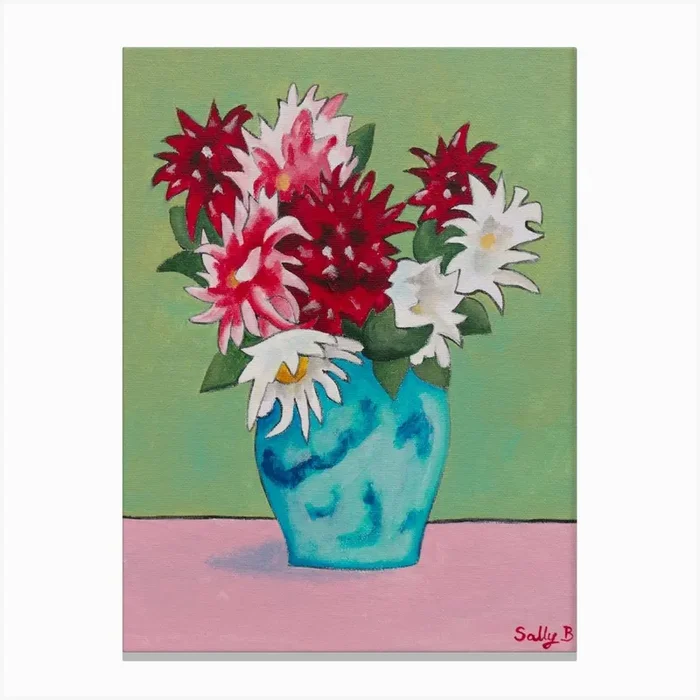 Red And White Flowers In Vase Canvas Print by Sally B