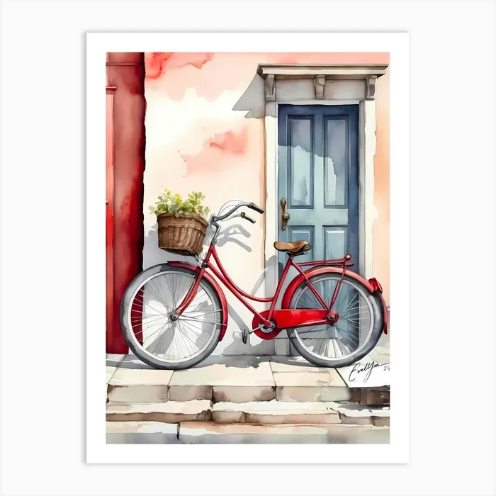Red Bicycle In Front Of Door Art Print by Evelyn Marceau
