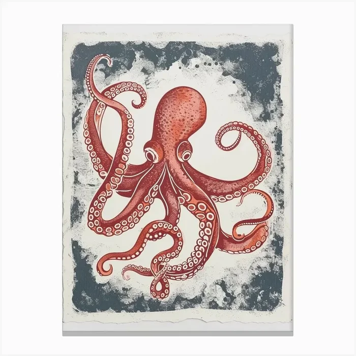 Red Octopus Deep In The Ocean Linocut Style Canvas Print by Energy of the Sea