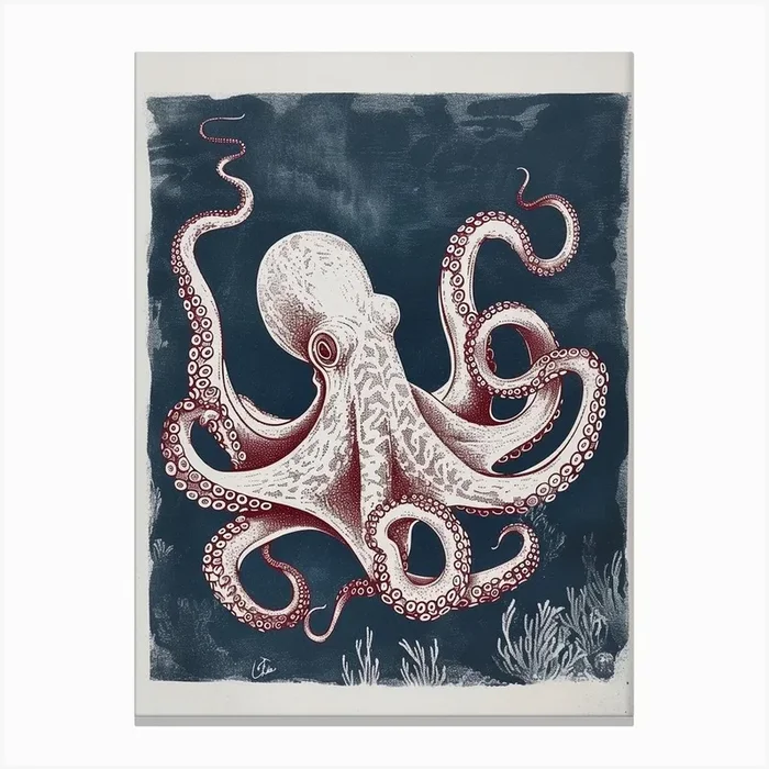 Retro Linocut Octopus With Blue Background 2 Canvas Print by Energy of the Sea