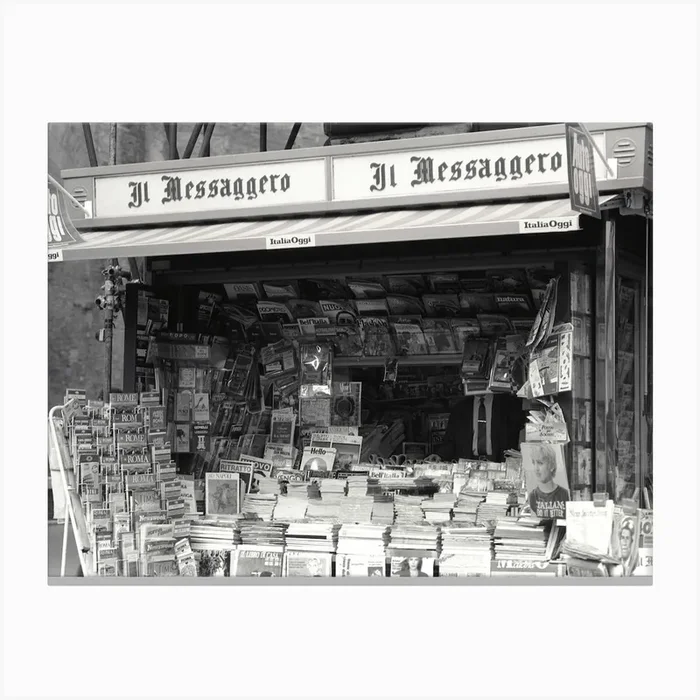 Retro Magazine Stand In Rome Black And White Canvas Print by Flo Smith