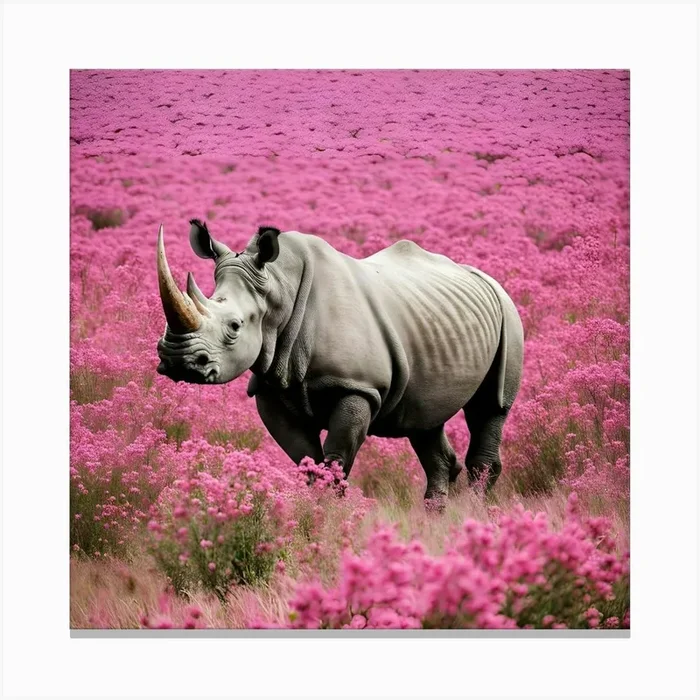 Rhino In Pink Field Canvas Print by Mehdi’s Store