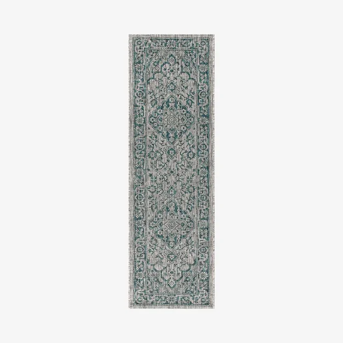 Rozetta Boho Medallion Textured Weave Indoor / Outdoor Runner Rug – Grey / Teal by JONATHAN Y