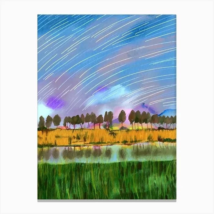 Rural scene with star trails landscape watercolor painting Canvas Print by DoodleIntent