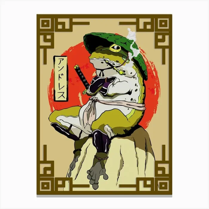 Samurai Frog With Red Sun Aesthetic Canvas Print by Ramy Hefny Gallery