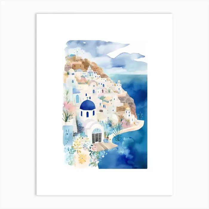 Santorini Cute Watercolour Painting Art Print by Mambo