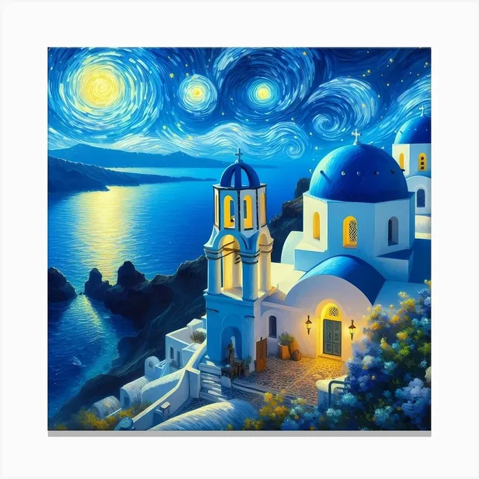 Santorini In Starry Night With Sea Canvas Print by Vinzlim
