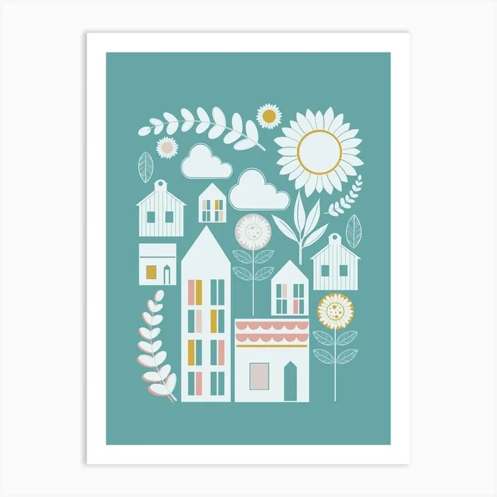 Scandi Village Scene In White Art Print by Tulip House Studio